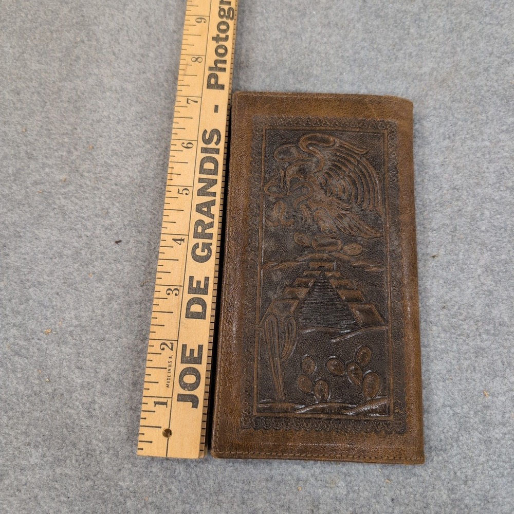 Vintage Hand Tooled Leather Long Wallet Aztec Mayan Warrior Brown Bifold NA305 - Picture 3 of 5
